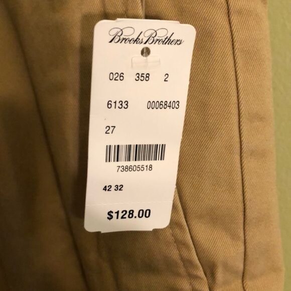 NWT Men’s Brooks Brothers Clark Fit Pants 42W x 32L Tan Flat Front - Picture 6 of 6